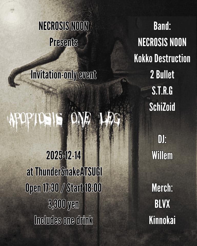 NECROSIS NOON Presents
APOPTOSIS ONE LEG Vol. 1

ご来場いただきありがとうございました。
この場所は必ず、唯一無二のカルチャーが生まれる場所になります。
楽しみですね♪