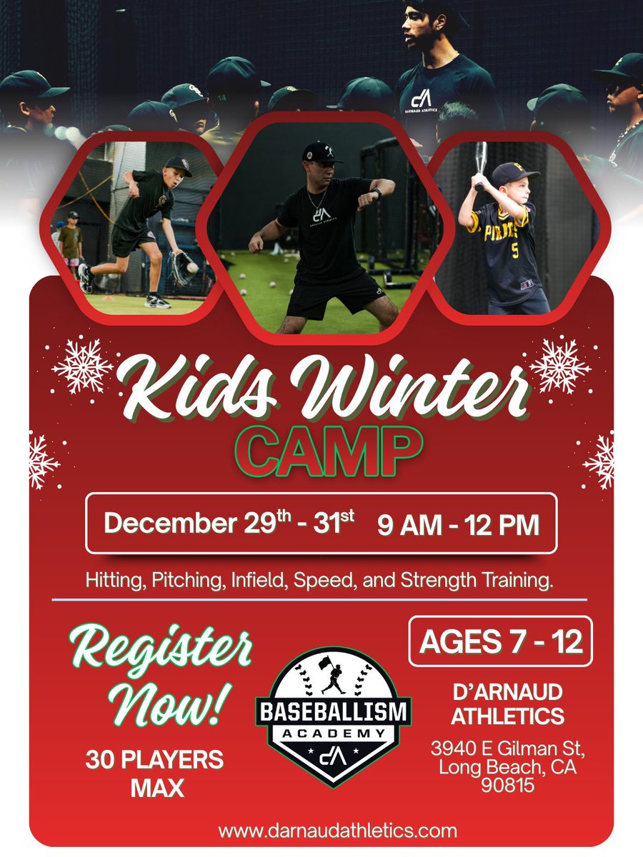 dArnaudAthletic's tweet image. Kids Winter Break Camp ❄️⚾️
Three days of fundamentals, high reps, and hands-on coaching. Hitting, pitching, infield, speed, and strength training for ages 7-12!
Dec 29th –31st | 9AM - 12PM | 30 players max.
Register now at darnaudathletics.com