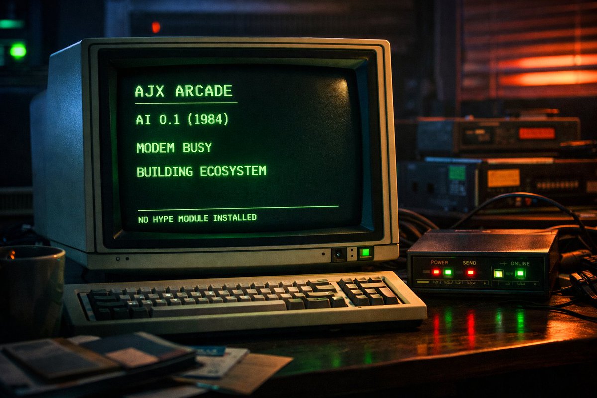 AjxToken's tweet photo. We released AJX Arcade AI 0.1 (1984) 🤖
A retro, humorous AI terminal.
No predictions. No hype module.

It marks the direction: AJX is planning its own AI development.

Modem may be busy building the ecosystem.
🔗 https://t.co/HIZ6gKF2W8

#AJX #AJXArcade #RetroAI #BuildInPublic #NoHype #CryptoBuilders