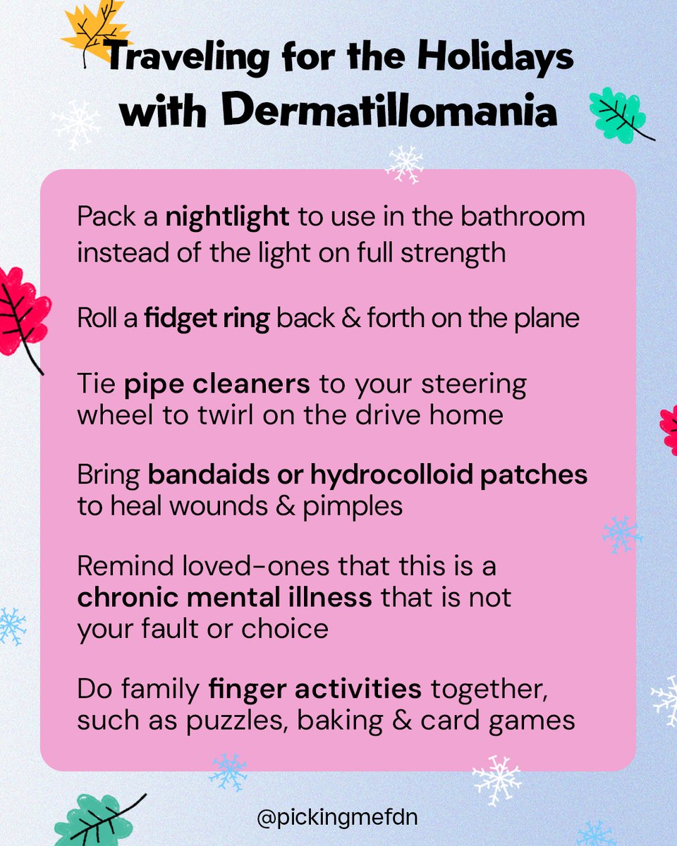 The LAST thing you want this hectic holiday season is to be distracted by triggering #SkinPickingDisorder urges. That's why we've compiled a list of #tips to help you survive and THRIVE while traveling this time of year.