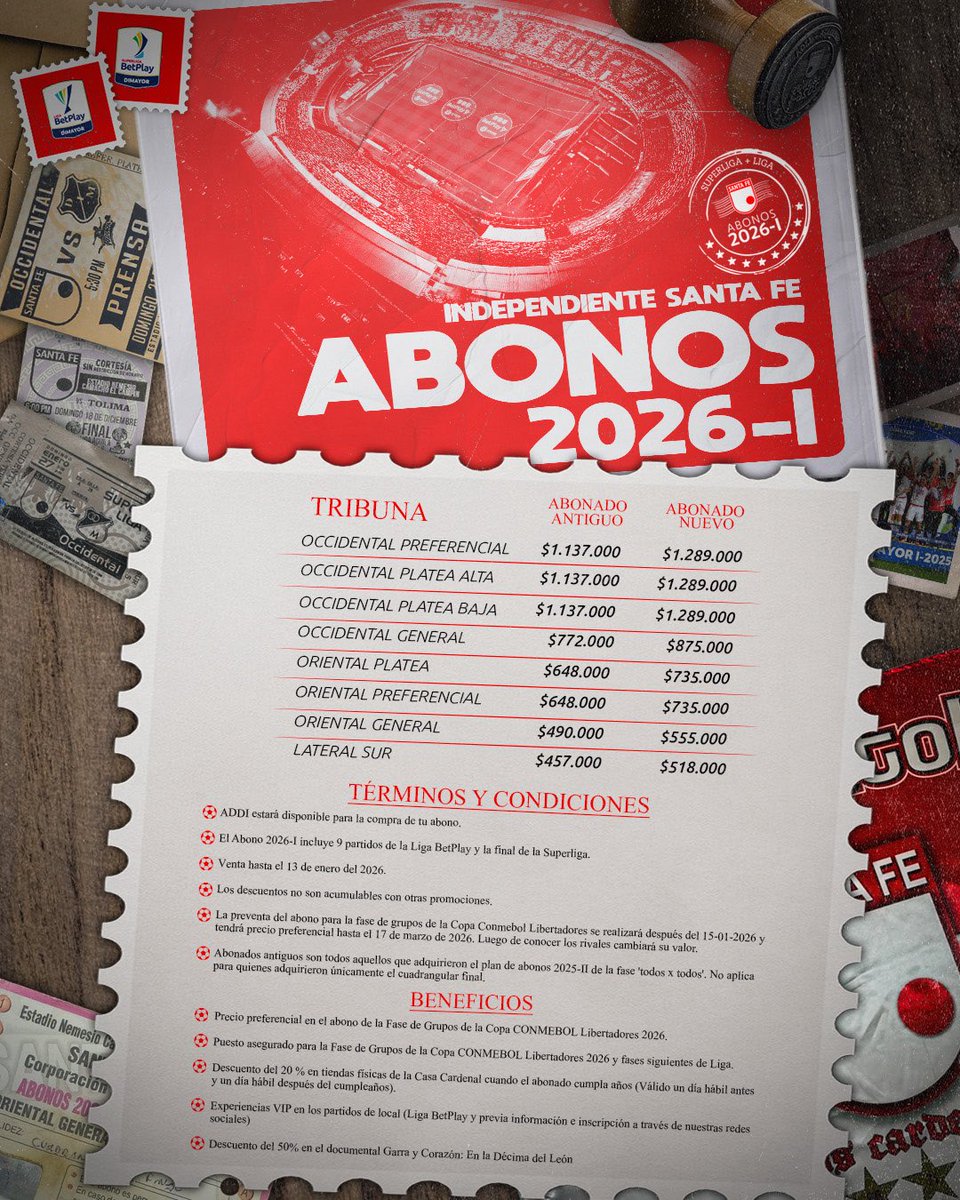 SantaFe's tweet image. ¿Estás listo para acompañar al León en la 𝐭𝐞𝐦𝐩𝐨𝐫𝐚𝐝𝐚 𝟐𝟎𝟐𝟔-𝐈 🦁?

Desde este miércoles 17 de diciembre y hasta el martes 13 de enero de 2026, podrás comprar tu abono de Superliga + Liga 🇮🇩

✔️Al adquirirlo, aseguras un precio preferencial en el abono de la Fase de…