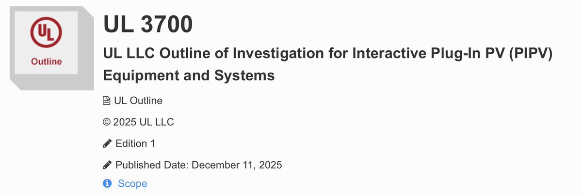 balkonsolar's tweet image. Underwriter Laboratories has published an “Outline of Investigation for Interactive Plug-In PV (PIPV) Equipment and Systems”, available at:
shopulstandards.com/ProductDetail.…

We have not yet read this new US standard on #pluginpv as we have trouble accessing the Digital View.