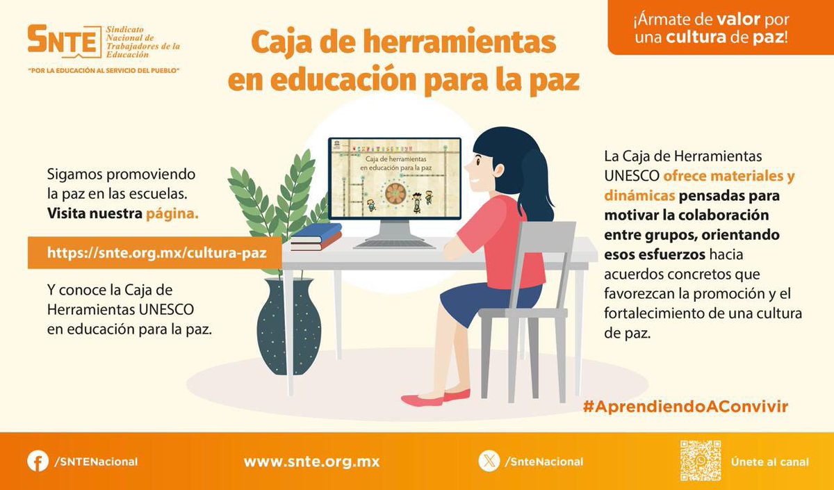 Á𝐫𝐦𝐚𝐭𝐞 𝐝𝐞 𝙫𝐚𝐥𝐨𝐫, 𝐩𝐨𝐫 𝐮𝐧𝐚 𝐜𝐮𝐥𝐭𝐮𝐫𝐚 𝐝𝐞 𝐩𝐚𝐳

¡Promovamos la paz en las escuelas! 👩🏻‍🏫👨🏻‍🏫 Utiliza la caja de herramientas de la #UNESCO, que facilita la colaboración y fortalece la convivencia armónica.
La encontrarás en la liga:
👉 snte.org.mx/cultura-paz/