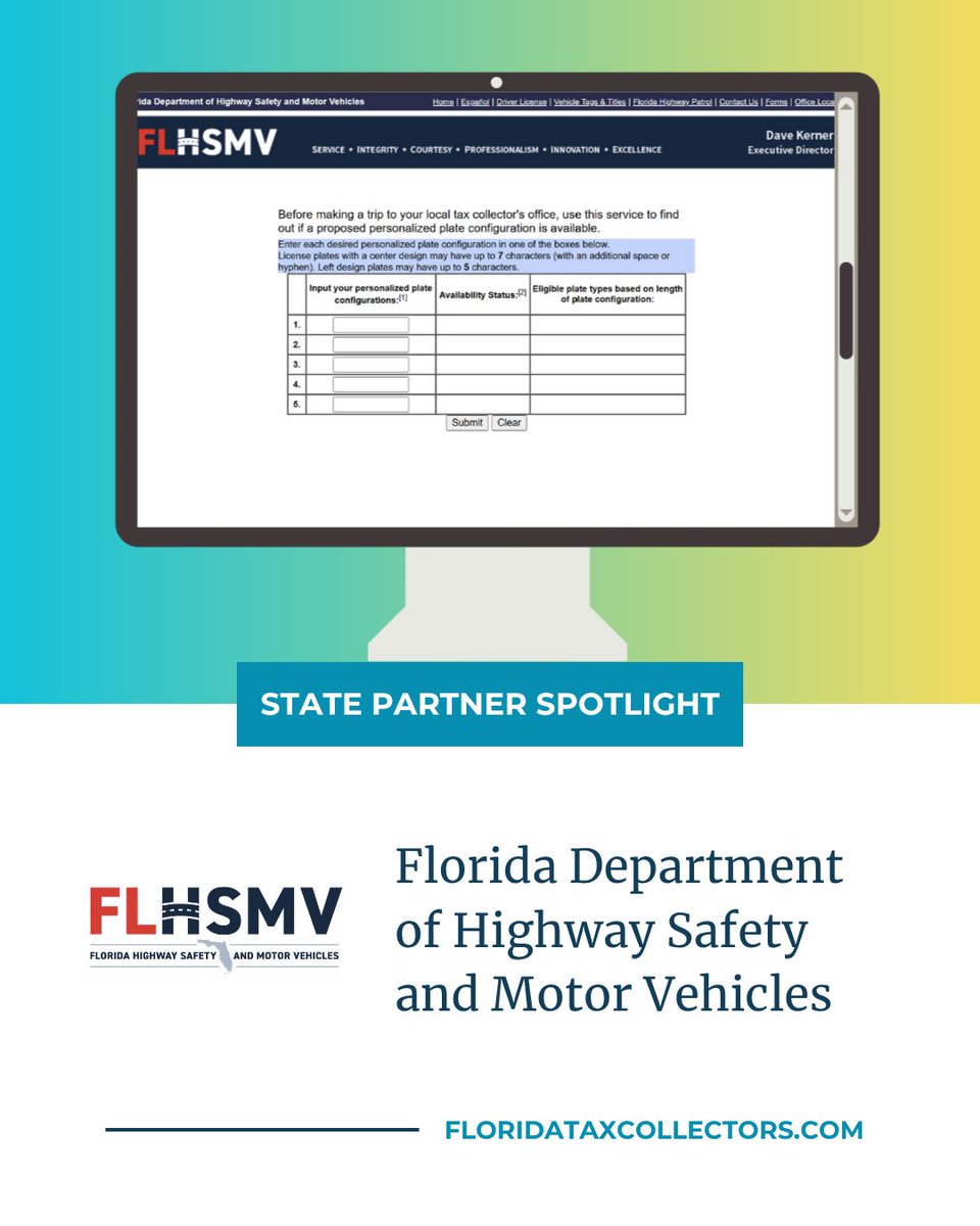 Today, we are highlighting our State Partner, <a href="/FLHSMV/">FLHSMV</a>. 

Did you know FLHSMV has a convenient online tool to check personalized plate availability? You can use this link to find out if a proposed personalized plate configuration is available: services.flhsmv.gov/MVCheckPersona…