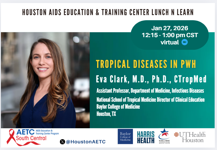 HoustonAETC's tweet photo. This month!  

We will be learning about this "niche" topic from expert Dr. @EvaClarkMD from @BCM_TropMed @BCMDeptMedicine .

@ASTMH @Rojelio @mebottazzi @ut_infectious @HIVMA @Women_in_ID @CoalicionChagas @WiParasitology https://t.co/Mrng2SLxLz