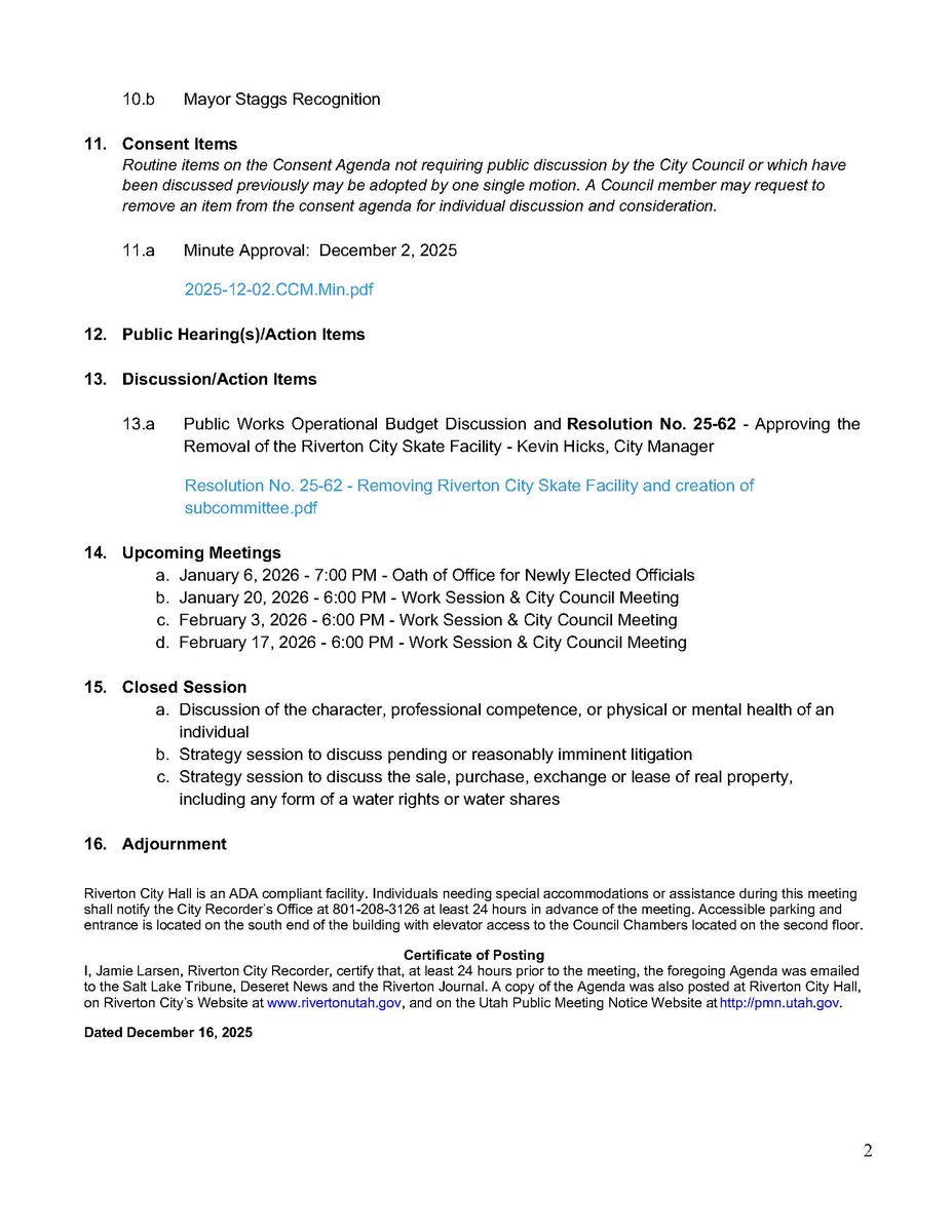 Join us tonight for City Council Meeting! 🏛️ Check out the meeting agenda below, and watch the meeting live at rivertonutah.gov/meetings.