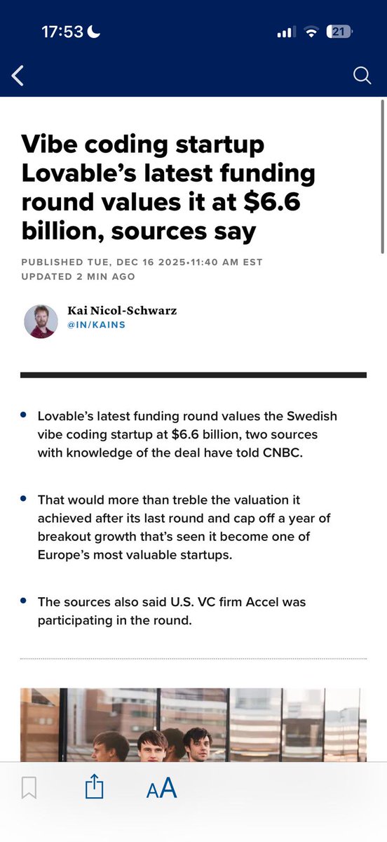 Lovable raising money at $6.6bn :O  cnbc.com/2025/12/16/ai-…