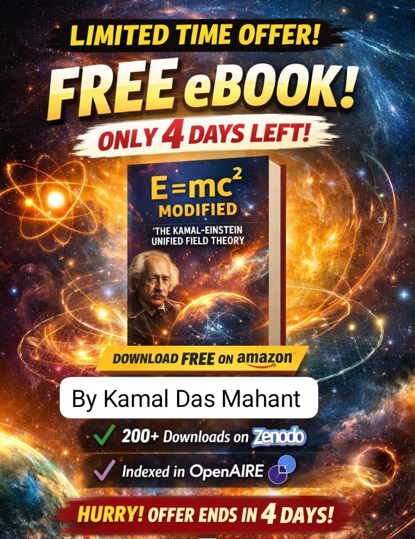 iamkamalmahant's tweet photo. 📘 E = mc² Modified: The Kamal–Einstein Unified Field Theory
For the next 4 days, my book is FREE to download on Amazon eBook.
India
https://t.co/yVKpYCXtq6
UK
https://t.co/rrcu8dTSWC
📖 If you’re curious about physics beyond textbooks — this is for you.
#ISRO
#sciencebook https://t.co/x1kLZwpV8Q
