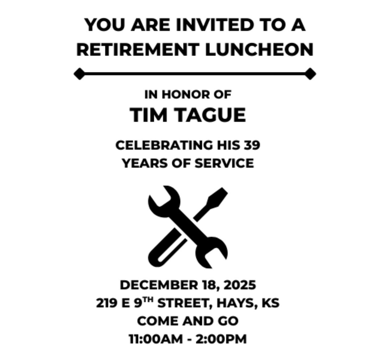 Please join us as we honor Tim!!