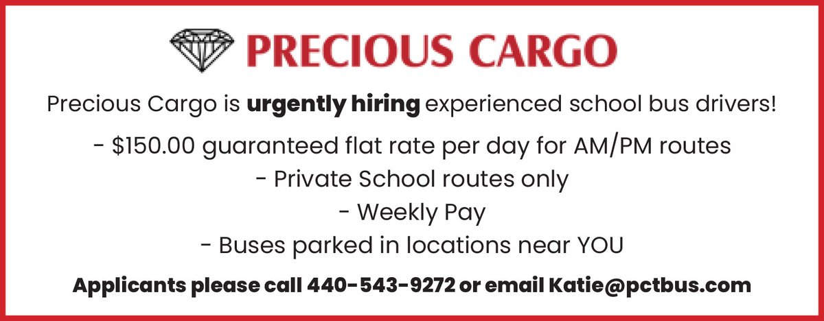 MiddlefieldPost's tweet image. 🚍 Now hiring experienced school bus drivers!

💰 $150 guaranteed per day (AM/PM routes)

🏫 Private school routes only

📍 Buses parked near you

💵 Weekly pay

📞 440-543-9272

📧 Katie@pctbus.com

#NowHiring #BusDriverJobs #LocalJobs #WeeklyPay #PreciousCargo