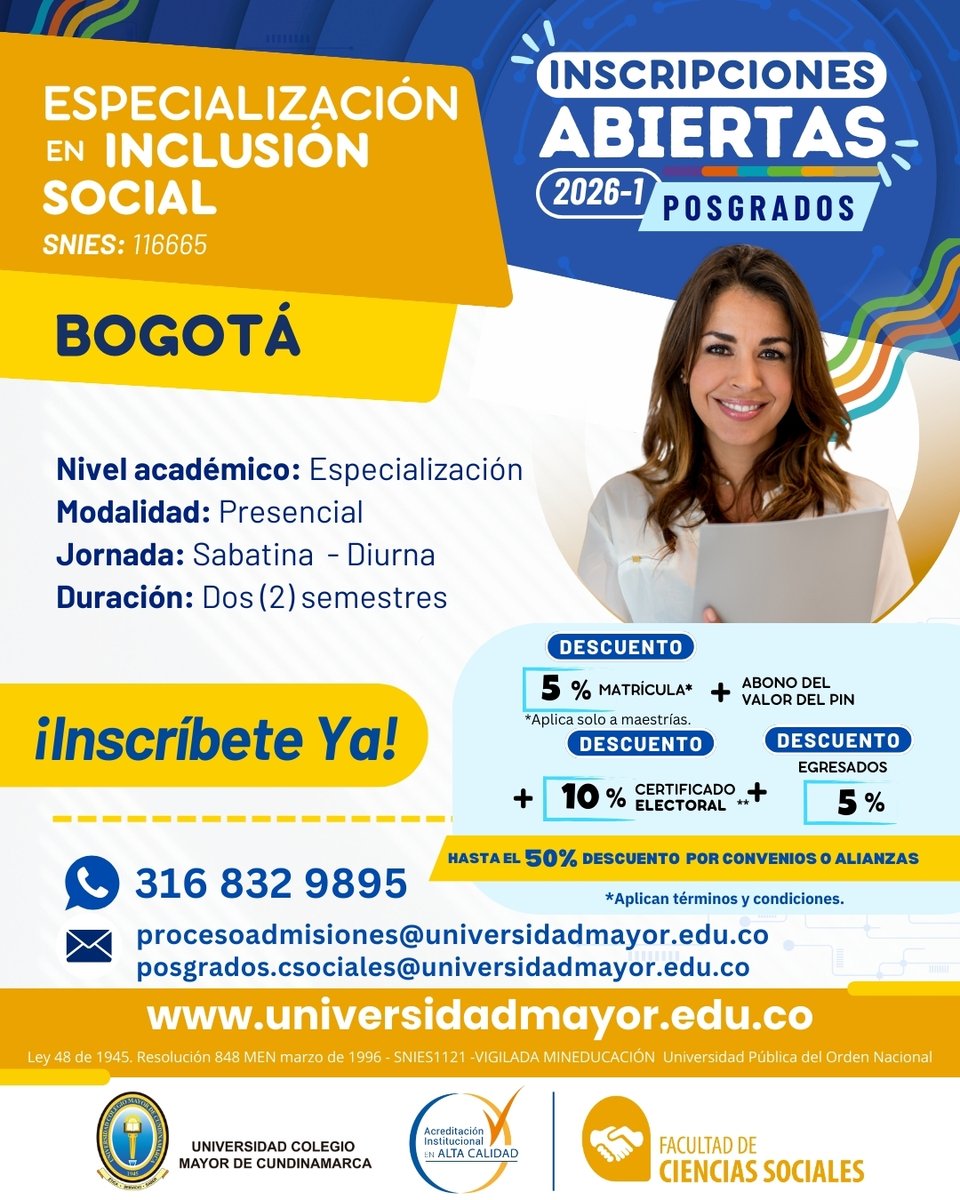 Especialización en Inclusión Social, un programa diseñado para ti.  Si tienes una visión humanista de tu profesión sé parte de este programa de posgrado de la Universidad Colegio Mayor de Cundinamarca, Institución con Acreditación Institucional en Alta Calidad.