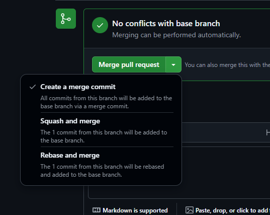 mattonweb's tweet photo. for signing off on a #PR — which option do you prefer on #github? AND WHY? #git #technology

◆ "Create a merge commit"
◆ "Squash and merge"
◆ "Rebase and merge"

I am writing docs for our team's workflow and looking for the pros/cons for each options. Any gotchas standout? https://t.co/9HgzSciCvx