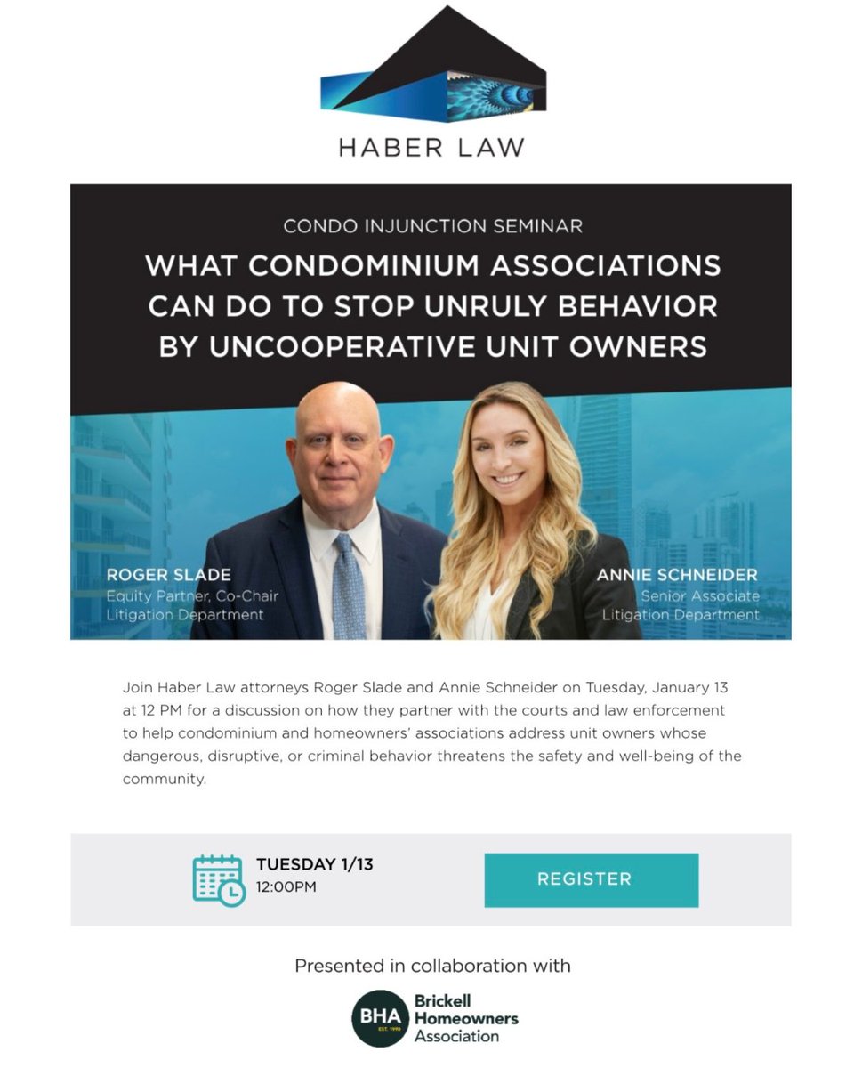 Condo &amp; HOA boards face real challenges when owners refuse to cooperate. Join Haber Law attorneys Roger Slade and Annie Schneider for a practical discussion on legal tools and enforcement strategies.
Tues., Jan. 13 |  12 PM

Register: us02web.zoom.us/webinar/regist…

#HaberLaw