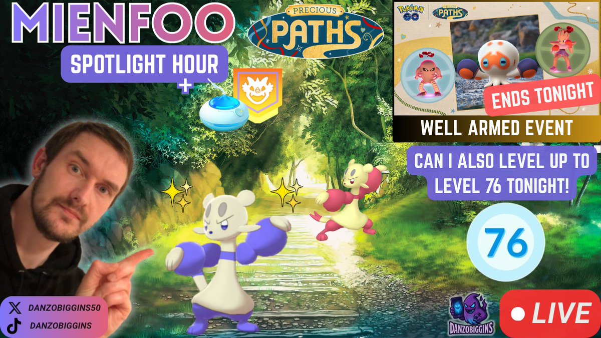 Danzobiggins50's tweet image. Going LIVE on YouTube in 40 mins time! 
(5.50/5.55pm UK Time)

Join me for Spotlight Hour on #pokemongoapp  featuring Mienfoo!

Can today also be the day we finally get to Level 76?! 

youtube.com/@Danzobiggins 

#Level80 #level76 #youtube #yt #live #pokemongo #pokemon