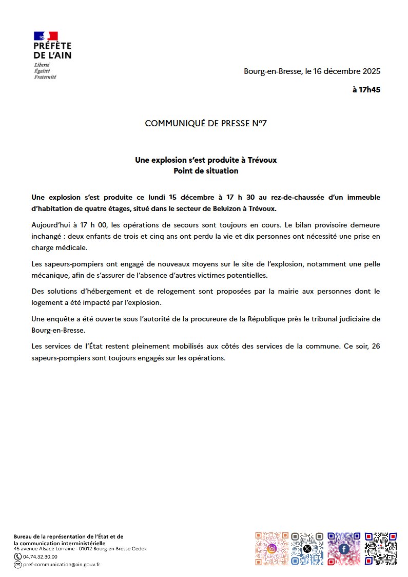 Image de Préfète de l'Ain - Communiqué de presse de la préfète de l'Ain sur les opérations de secours en cours à Trévoux.
Point