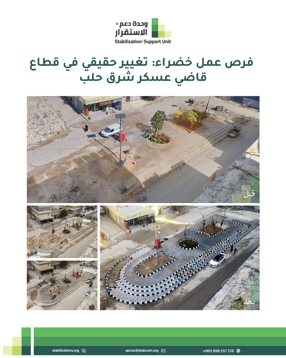StabUnit's tweet image. #حلب
لقطات "قبل وبعد" تبرز التغيير الذي تحققه فرقنا الميدانية ضمن مشروع "فرص العمل الخضراء" في قطاع قاضي عسكر شرق حلب، بدعم من منظمة العمل الدولية (ILO)، لتحسين المظهر الخدمي وخلق فرص عمل مستدامة للأهالي.
#وحدة_دعم_الاستقرار
#فرص_عمل_خضراء