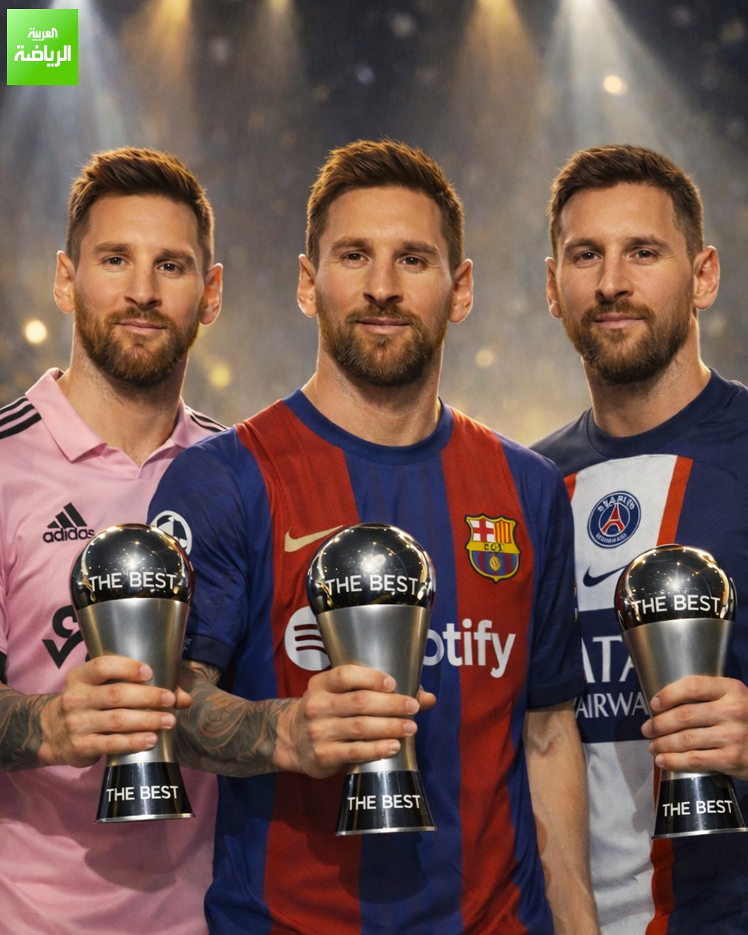 2019: برشلونة -2022: باريس سان جيرمان -2023: إنتر ميامي. ميسي هو اللاعب الوحيد الذي حصد جائزة ذا بيست بقمصان 3 أندية مختلفة 