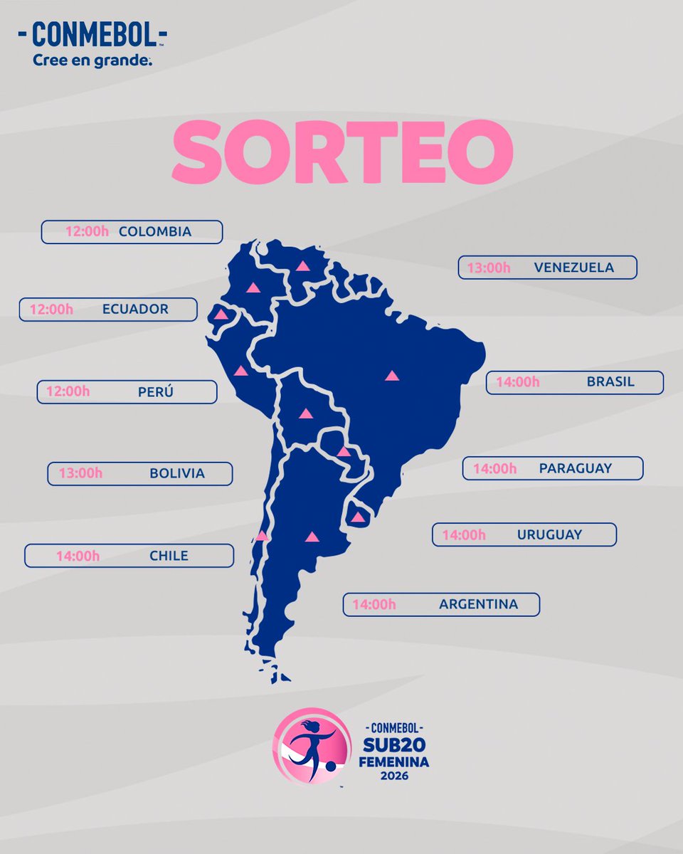 CONMEBOLtorneos's tweet photo. ¡Es hoy! Horarios para seguir el sorteo de la CONMEBOL #Sub20Fem ⌚️⚽️

É hoje! Horários para seguir o sorteio da CONMEBOL #Sub20Fem 🤩⏰ https://t.co/UvV2KnPzms