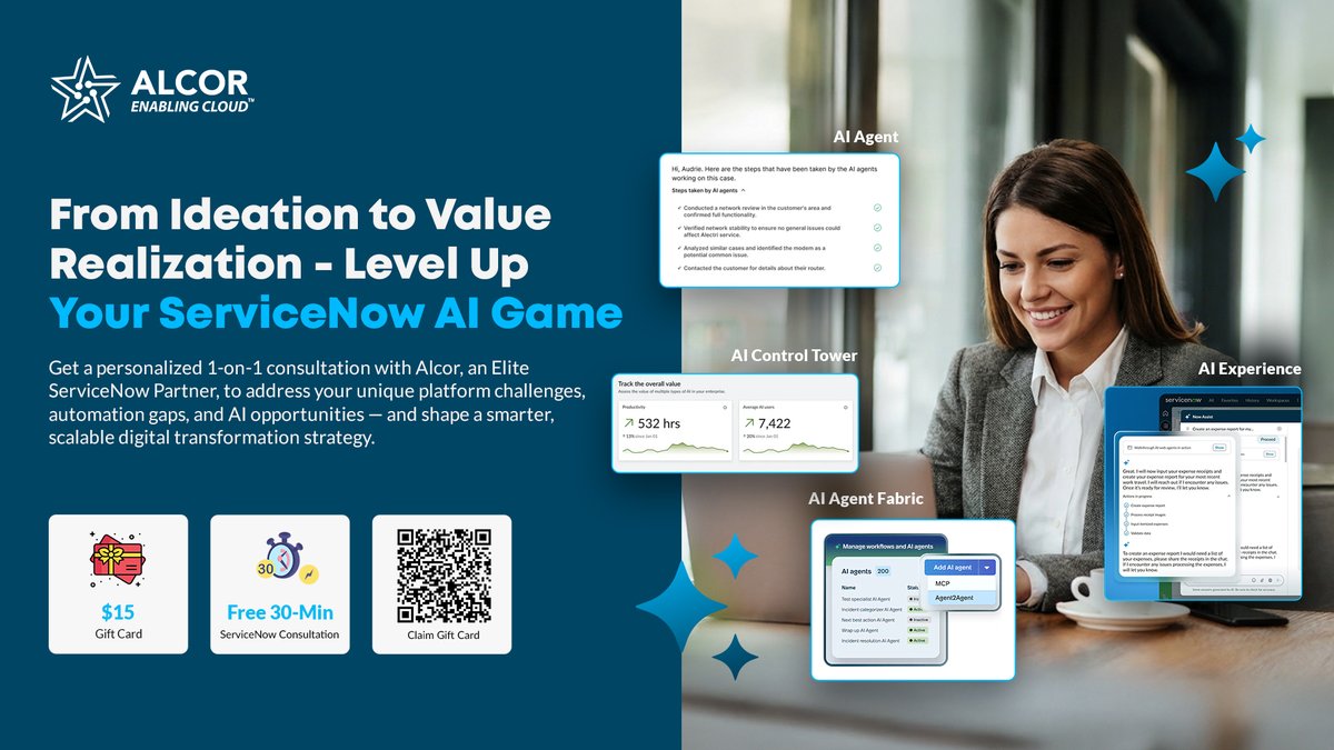 AlcorSolutions's tweet photo. If your ServiceNow #AI journey is stuck in experimentation, it’s time to shift gears.

Alcor helps transform ServiceNow strategy, embed AI where it matters, and scale outcomes.

🎁 Get a free 30-min consultation + $15 gift card.  Book meeting now👇
 https://t.co/O6u3VzJ1h1 https://t.co/eEO7TAkMFi