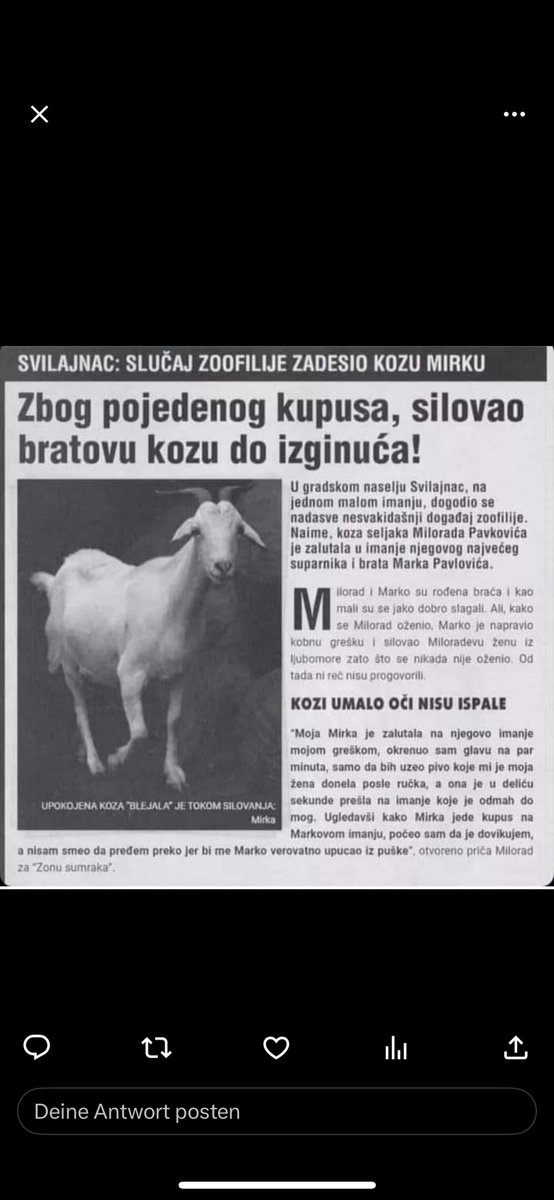 florjan74's tweet photo. @FacundoSeara Filthy serv comparing their momma to a poor animal! We know who goat fuckers are don't need to tell us pal! https://t.co/UDbqxq3Nc1