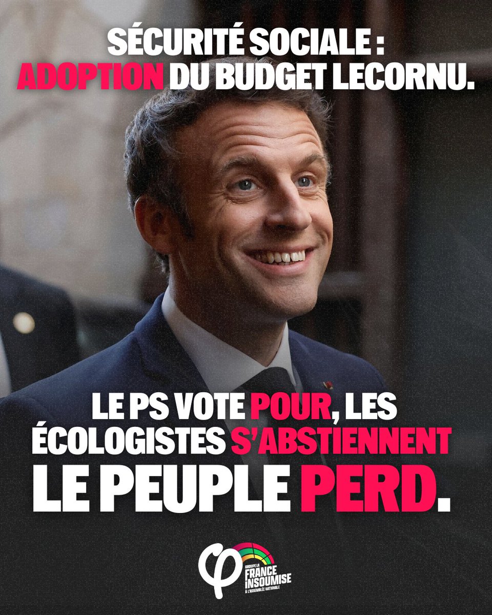 FiAssemblee's tweet image. 🔴⚡️ ALERTE ! Lecornu fait adopter son #PLFSS2026 grâce aux votes pour des socialistes et de l'abstention des écologistes.

Voilà leur bilan :
❌ Plus de 3 milliards de coupes sur la santé
❌ 1 milliard de taxe sur les mutuelles
❌ 350 millions de coupes sur les Ehpad
❌ 34,3…