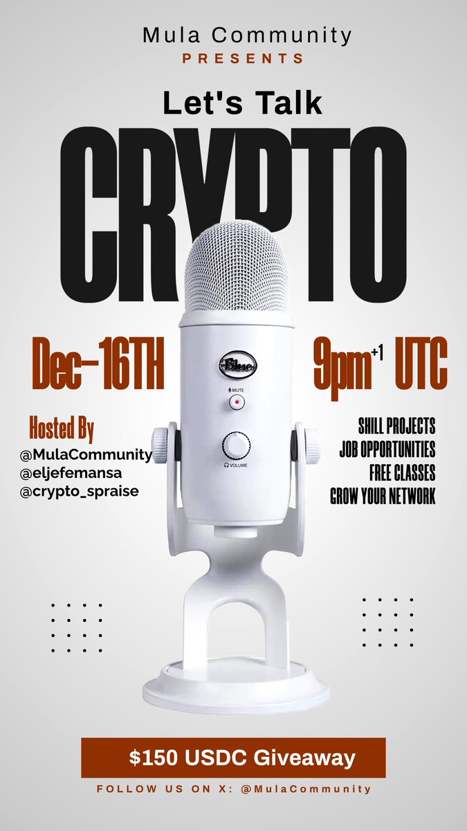 MulaCommunity's tweet image. @MulaCommunity is hosting it's spaces today. $150 in giveaways.
· Come find Jobs
· Come learn about Crypto
· Come shill your projects
· Come learn how to build wealth