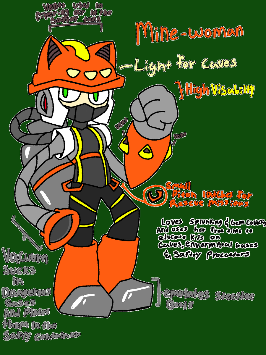 painted_raccoon's tweet image. MINE-WOMAN 
She's originally designed as a rescue bot for areas with toxic fumes usually deep in mines and quarries she takes in the gas and with built in vents she slowly filters the air,She also teaches on her off time. 

Pen Name:PaintedRaccoon
#MegaManDO #DesignARobotMaster