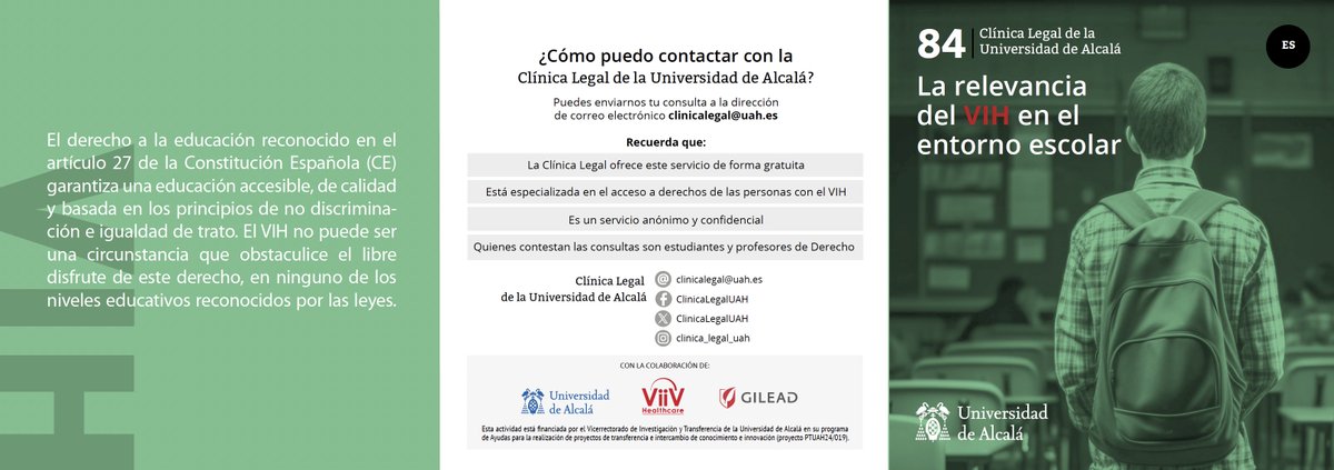 ClinicaLegalUAH's tweet photo. @cesida_esp @Salud_Culturas @Seisida @SidaBurgos @GeSIDA_SEIMC @RMdSida @StopVIH @PactoVih @InfoVIHCruzRoja @UAHes @ComiteVLC @acasgi @ccasrioja @antisidalleida @sidasalamanca @COGAM @gTtVIH @PortalSIDA @comiteantisida @Comite_Antisida @EIDU_UAH @SareElkartea @Apoyopositivo @Imaginamas @Adhara_ONG ¿Puede una persona con el VIH estudiar un grado universitario o un grado superior del ámbito sanitario? Lo contamos en el Folleto 84: La relevancia del VIH en el entorno escolar. 
Más información en clinicalegal@uah.es. https://t.co/TomIi0UhEl