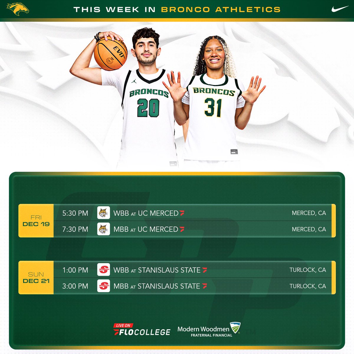 cppbroncos's tweet image. This week in Bronco athletics 🐎

@cppwbb and @cppmbb head north to face CCAA opponents UC Merced and Stanislaus State.

#WeAreCPP