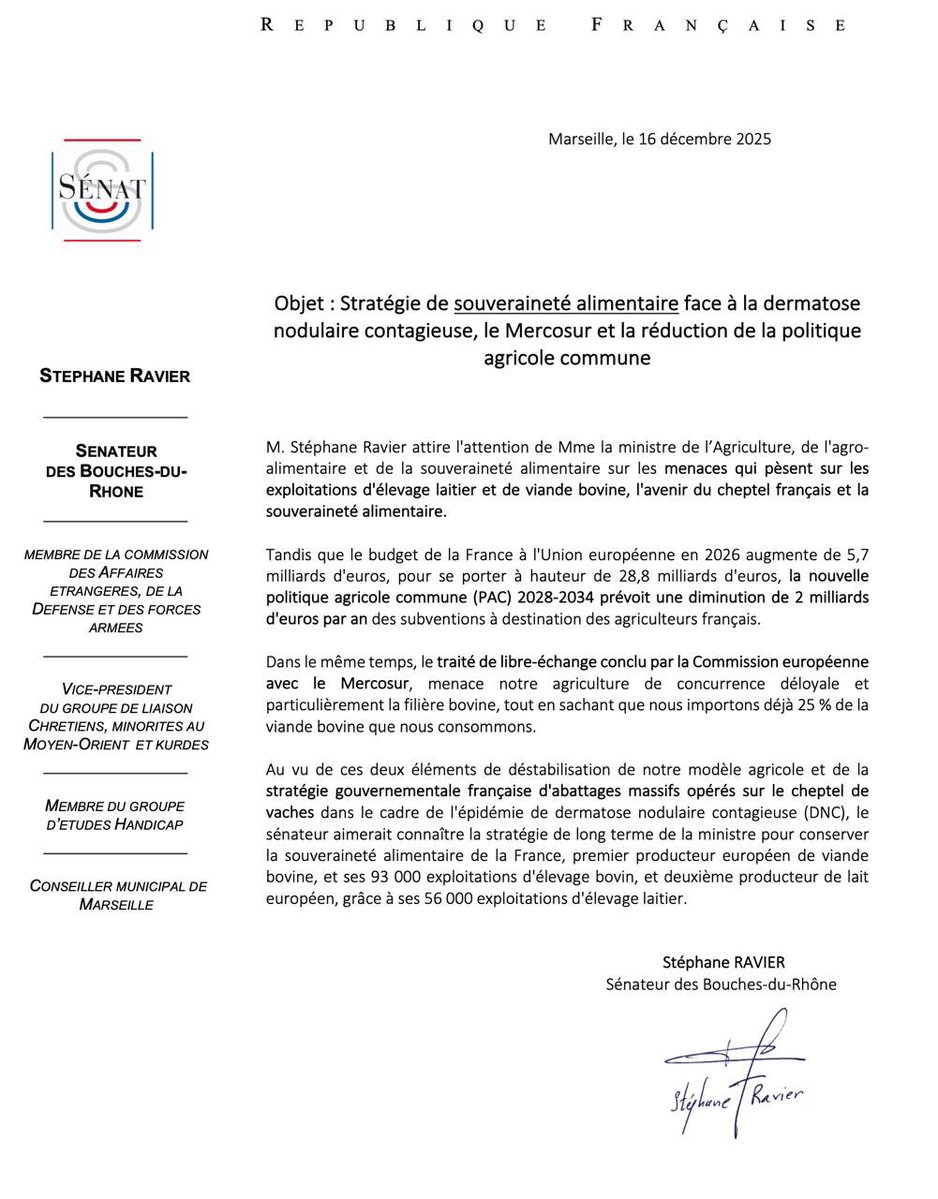 Stephane_Ravier's tweet image. Au Sénat, nous venons de voter une supplique au Gouvernement français de saisir la Cour de justice de l’UE pour empêcher la ratification de l’accord Mercosur.

Je dépose également une question à la ministre @AnnieGenevard pour connaitre sa stratégie de souveraineté alimentaire.