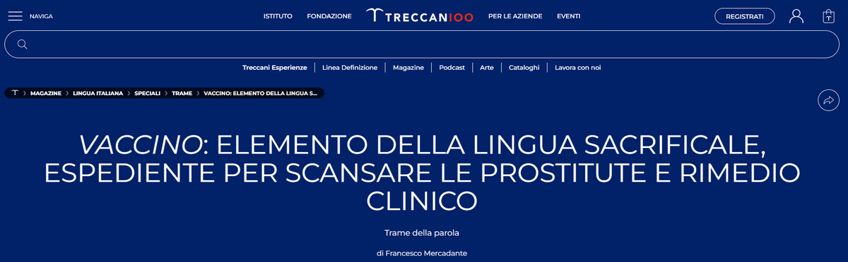 "Vaccino" viene da vacca: lat. vaccīnus, “proprio della vacca”. Non una metafora, ma storia linguistica (e bovina). "Febbre" risale a una radice indoeuropea che significa “tremare”: prima il brivido, poi la malattia.

Leggi il resto su <a href="/Treccani/">Treccani</a>: treccani.it/magazine/lingu…