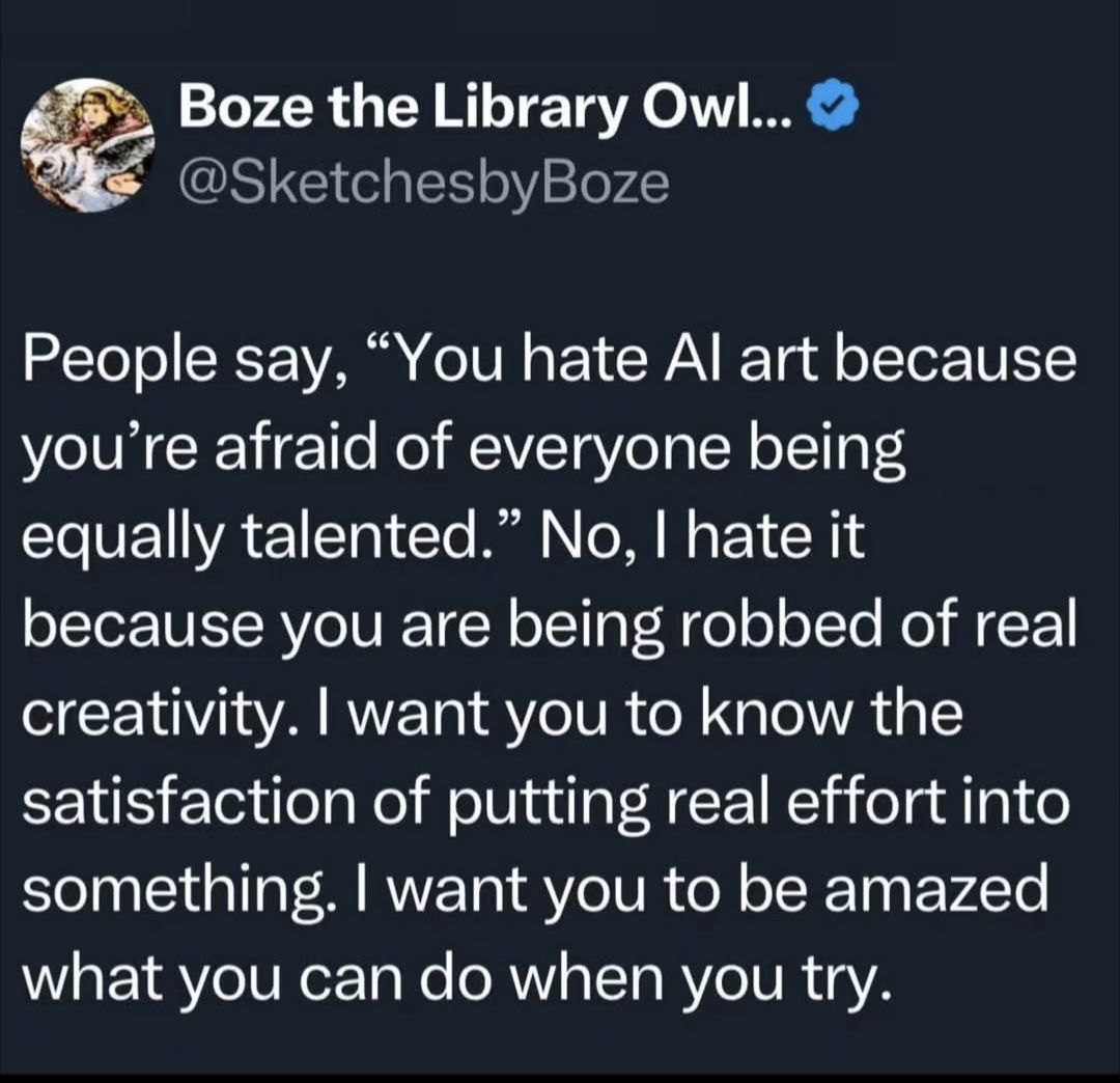 Creativity and art is in the process. By its very nature the act of creation defines the creation. When you remove the act, the process of learning and refinement, you remove the point, reduce the end result to a meaningless object that is not and can never be "art".