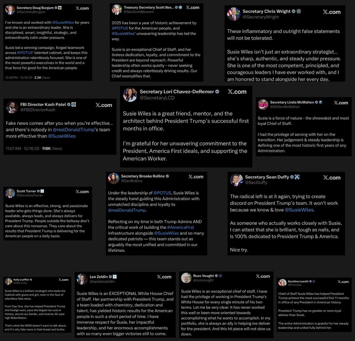 Hilarious. The WH had all the Cabinet members simultaneously put out statements supporting Susie ...