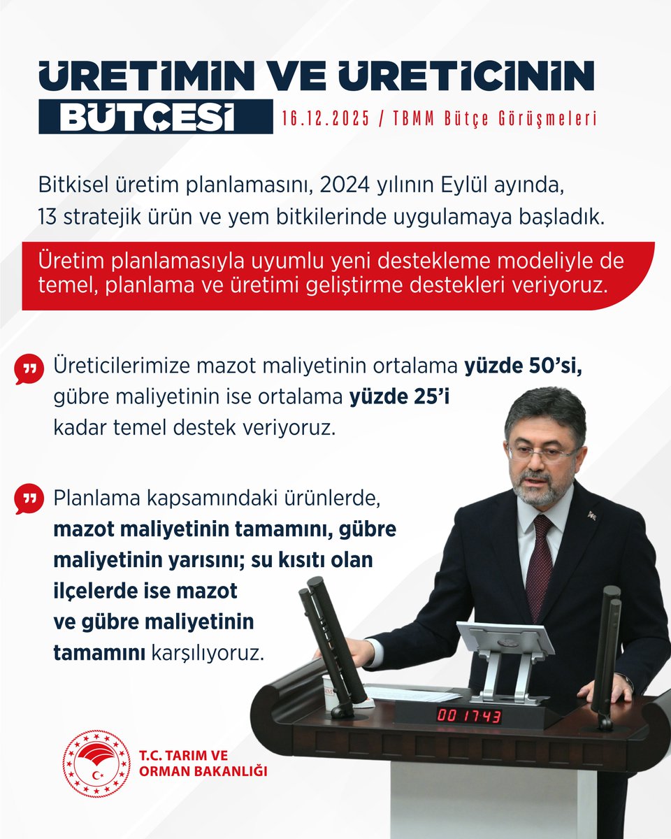 Bakanımız Sayın <a href="/ibrahimyumakli/">İbrahim Yumaklı</a>:

❝Bitkisel üretim planlamasını, 2024 yılının Eylül ayında, 13 stratejik ürün ve yem bitkilerinde uygulamaya başladık. Üretim planlamasıyla uyumlu yeni destekleme modeliyle de temel, planlama ve üretimi geliştirme destekleri veriyoruz.❞

📍 TBMM