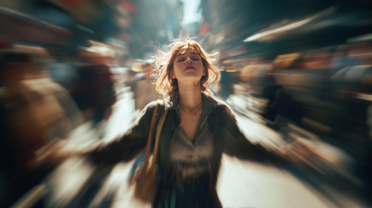 CuriousRefuge's tweet photo. I’ve been playing around with these whimsical, motion-blurred cinematic stills in Midjourney, where the subject is clear and the rest blurs around them.

Kind of feels like life right now… fast, busy, and still reminding us to slow down and enjoy the little things as we wrap up the year ❤️

Prompt: cinematic still of a woman standing with eyes closed, arms gently open as a chaotic street blurs behind her like she’s letting go, wide shot from slightly above, motion forming a halo effect around the subject, sunlit tones, soft wind movement, empowering mood