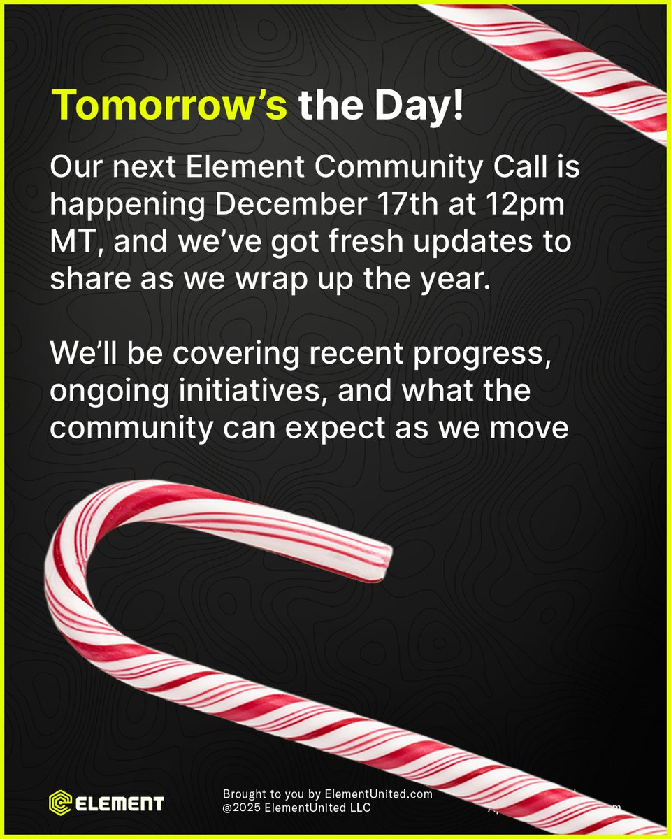 Our next Element Community Call is happening Dec 17th at 12pm MT, and we’ve got fresh updates to share as we wrap up the year.

We’ll be covering recent progress, ongoing initiatives, and what the community can expect as we move into 2026. 

🔗 Join:: elementunited.zoom.us/j/85115423558?…