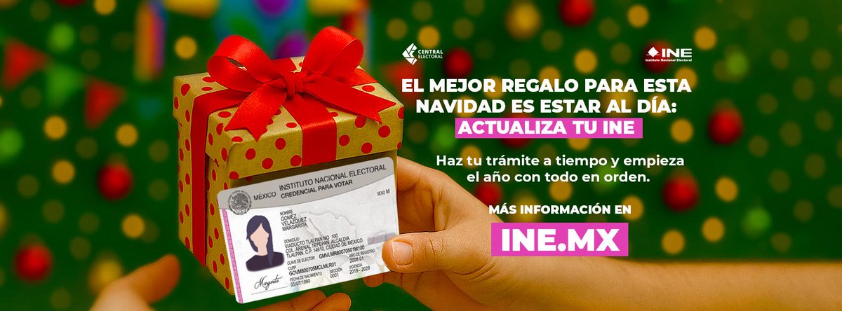 🎁 El mejor regalo en esta Navidad es estar al día: actualiza tu #INE 🪪
Haz tu trámite a tiempo y empieza el año con todo en orden. 
Más información en ine.mx o al 449 915 4510.
