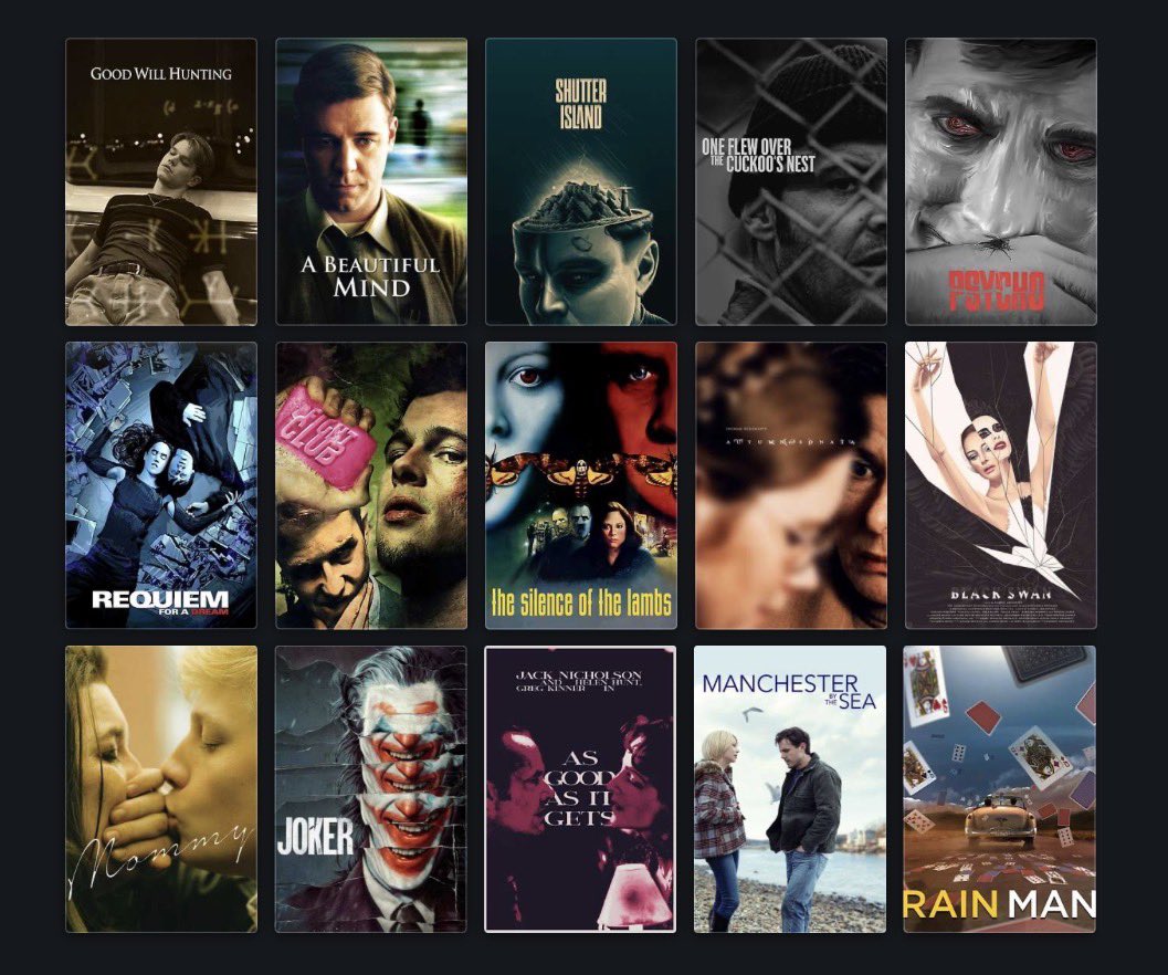 7dqtt's tweet image. هذه قائمة بأفضل الأفلام التي شاهدتها والتي تتعلق بمجال علم النفس، تخصصي الدراسي، تشمل أعمالًا تناولت اضطرابات نفسية محددة وكذلك حالات نفسية عامة