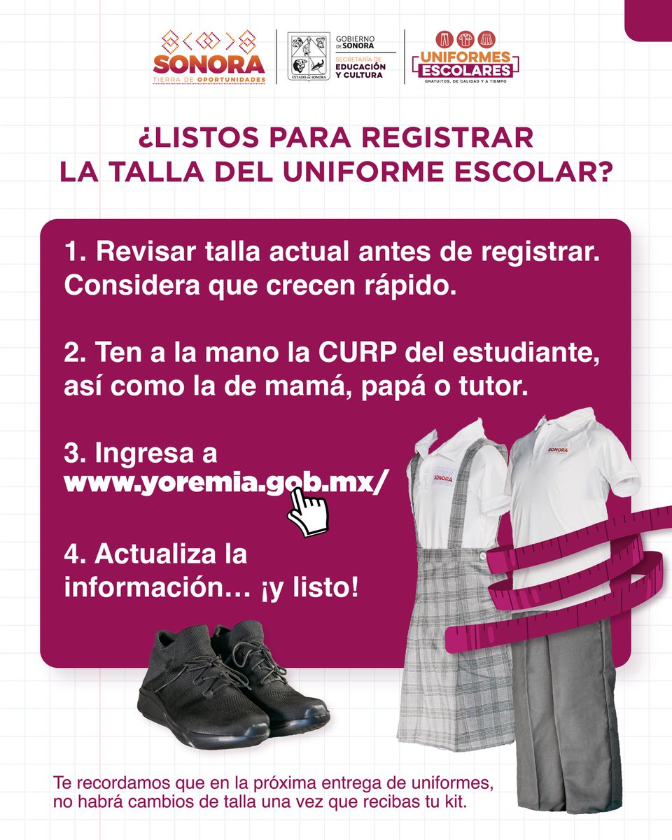 🟠 ¿Listos para registrar la talla del uniforme escolar? 👕📏

Sigue estos pasos para asegurarte de que reciban el uniforme correcto. ⬇️

#SonoraConUniforme
#UniformesEscolaresSonora