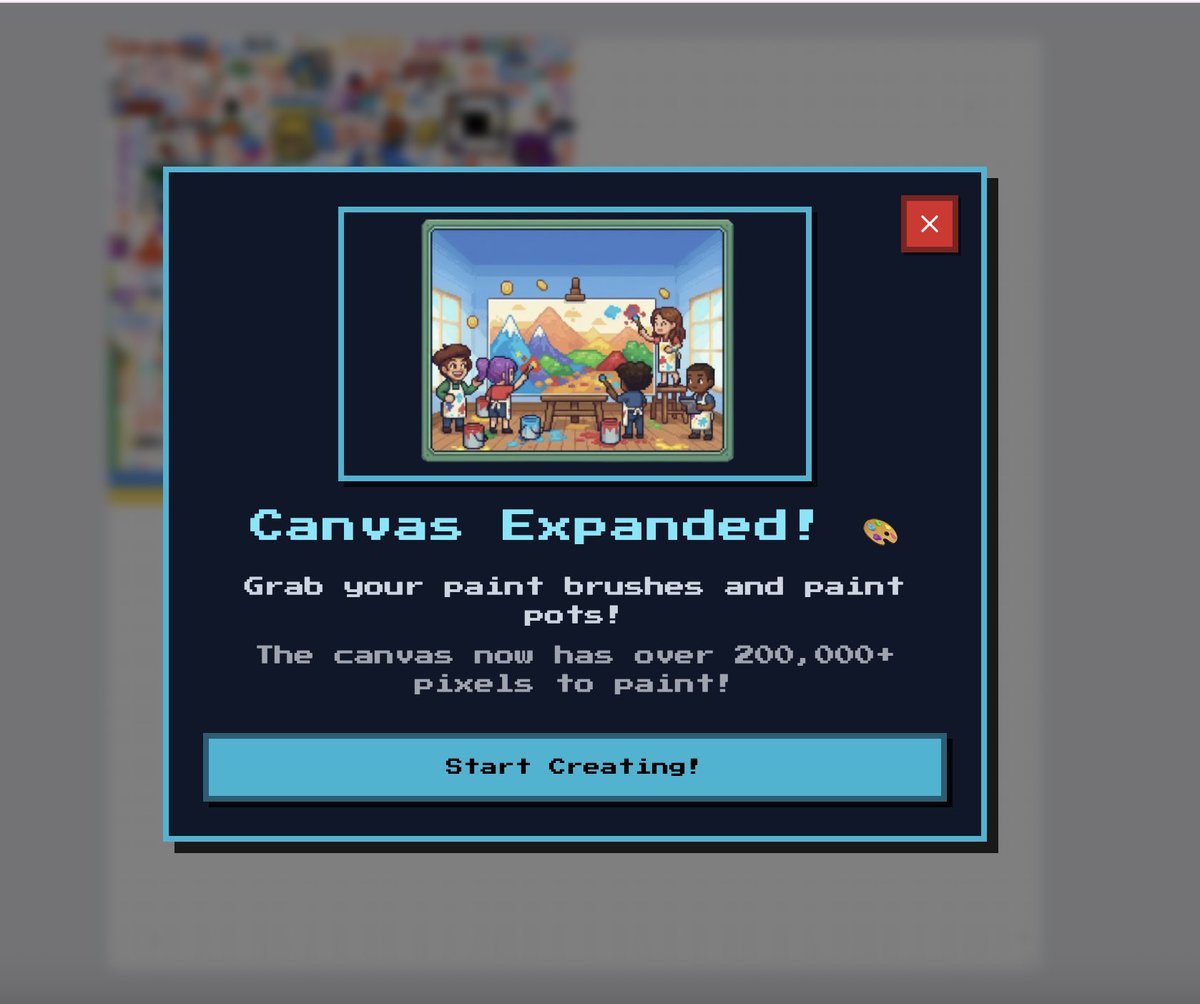 It's day 8 at color.fun!

Holiday Update 🎄 Part 1 is LIVE!

Due to huge demand from artists worldwide, the canvas is now permanently 4× larger, that's 200k+ pixels! 🎨

More gifts coming 🎁

What will you paint? 🖌️