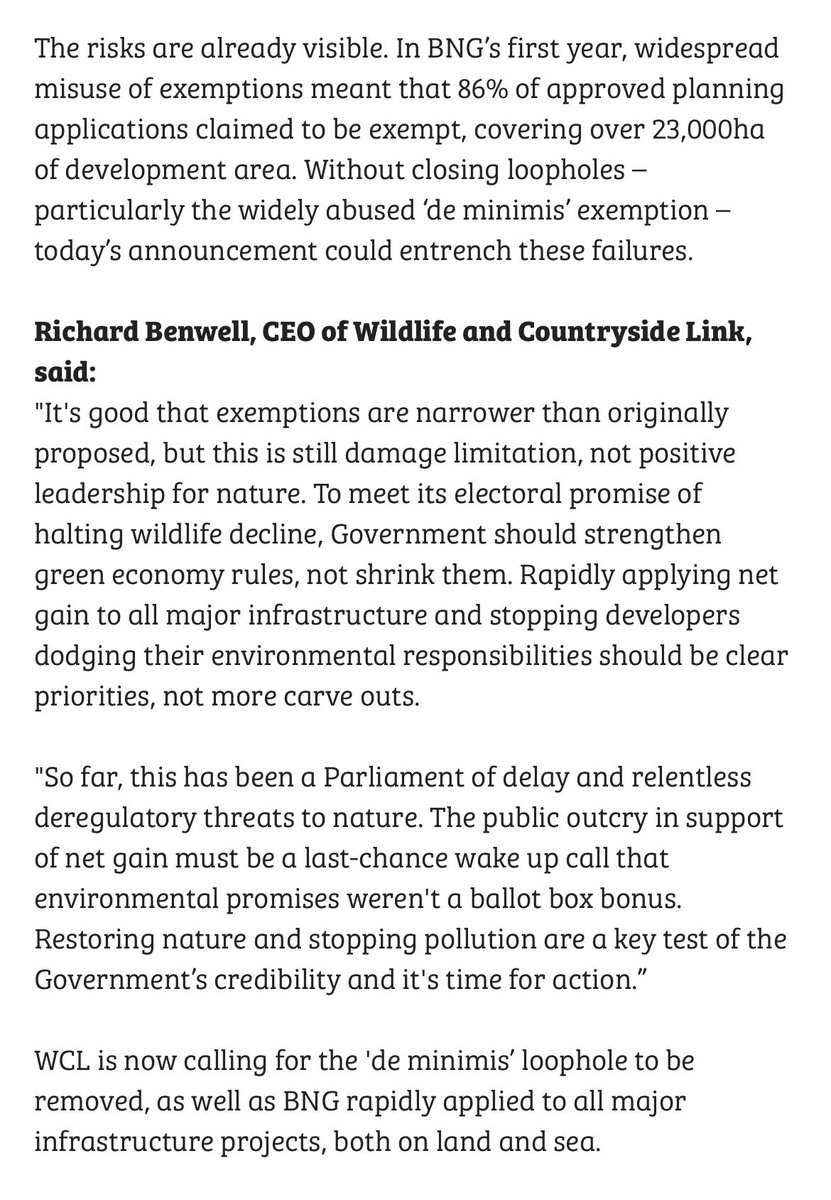 Mixed news for nature as government backtracks on proposals to gut the Biodiversity Net Gain regime, after strong campaigning from nature organisations lead by <a href="/WCL_News/">Wildlife and Countryside Link</a>.

However, although they have dropped plans to exempt sites below 1 hectare from BNG requirements, they are