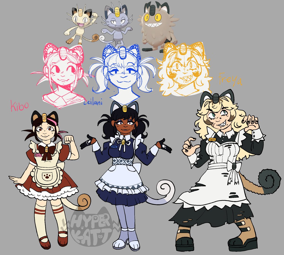 Hyper_Katt's tweet image. Meowth Maids designs are done! I'm definitely going to put them in more art pieces
