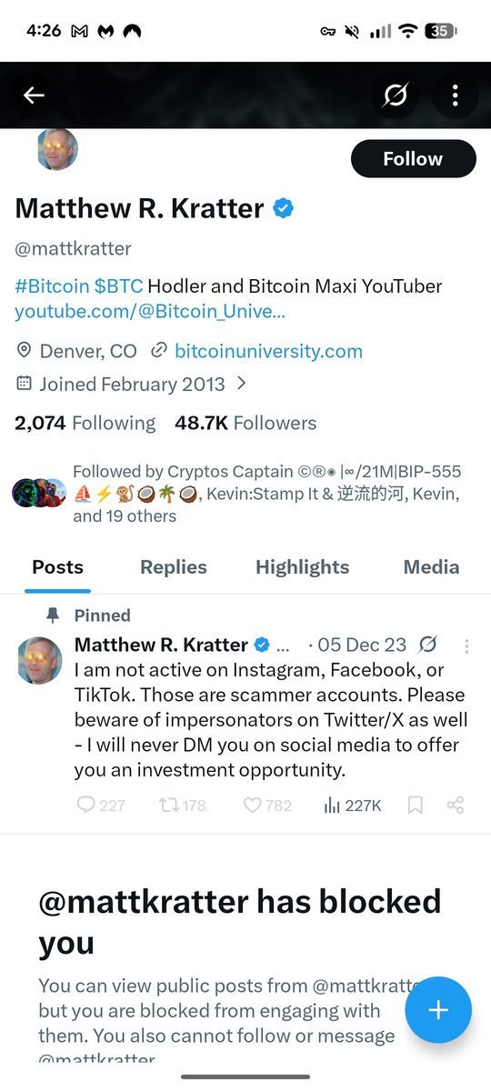GringoHodl's tweet image. Matthew Kratter @mattkratter complained that the Bitcoin Mailing List shutdown debate about the Cat proposal, but ironically said in his video,

"The good news is that no one can prevent Bitcoiners from discussing this proposal on X..."

Matthew Kratter blocked me on X 🤣
#Knots