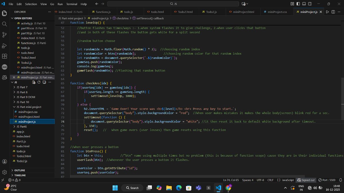 Dhruvofficials's tweet image. Day 45 🚀
Completed my Simon Says Game (online version) using JavaScript &amp;amp; DOM 🎮

✔️ Matching game &amp;amp; user sequences
✔️ Game reset logic
✔️ Dynamic score display

Great hands-on learning with events, logic &amp;amp; state management.  💻

#JavaScript #WebDevelopment #DOM #100DaysOfCode