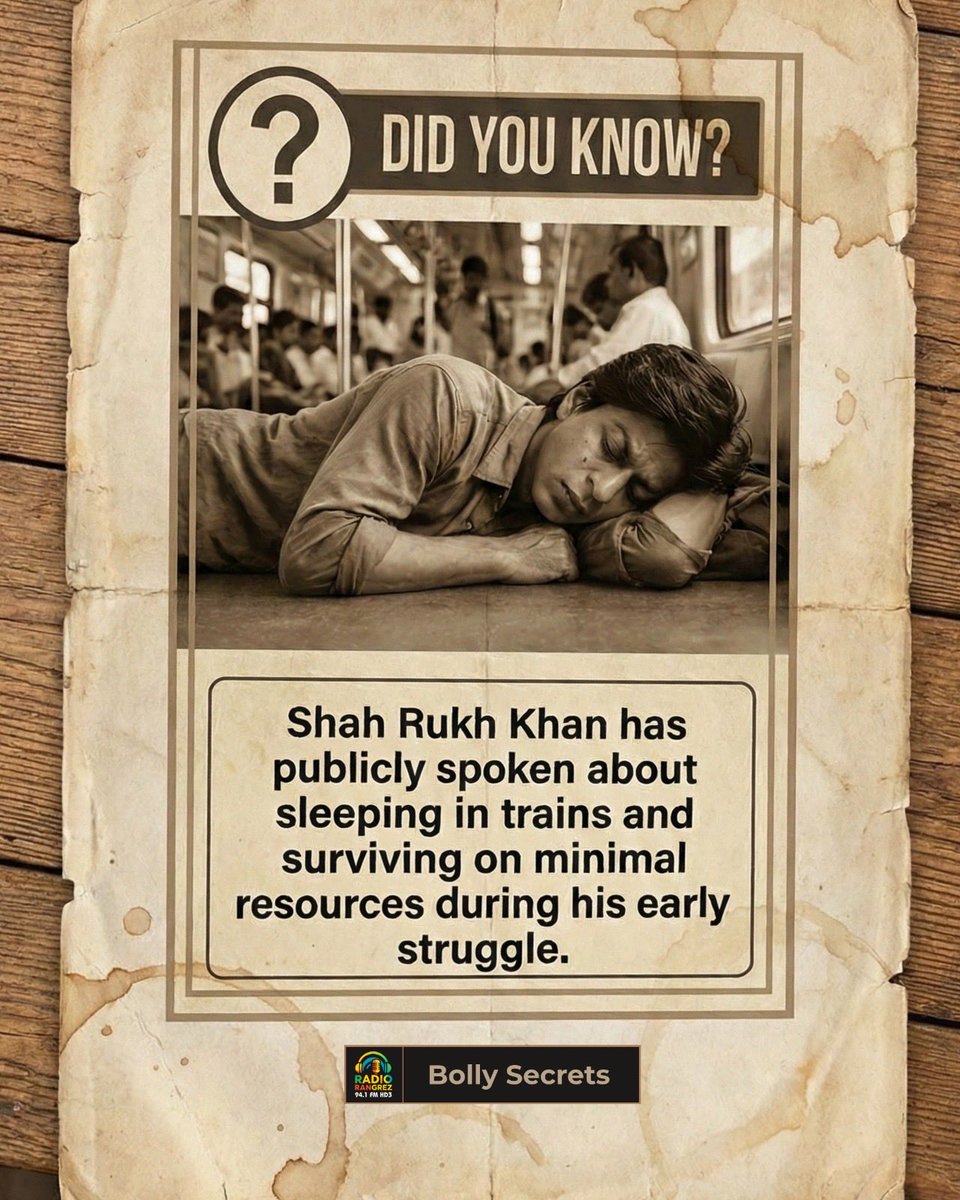 RadioRangrez's tweet photo. I saw this today and it honestly gave me goosebumps. 🥺

We always see the "King Khan" of today: the fame, the crowds, and Mannat. But it’s easy to forget that he started with absolutely nothing. He actually slept on train seats and survived on barely anything when he was just trying to make it.

It’s just a massive reminder that where you start does not determine where you finish.

I am curious, which SRK movie made you fall in love with his acting?

Was it the romance in DDLJ, the emotion in Kal Ho Naa Ho, or something totally different like Chak De..! India? 
Tell me your favorite below! 👇

#ShahRukhKhan #SRK #KingKhan #Bollywood #Didyouknow #HardWorkPaysOff #Throwback