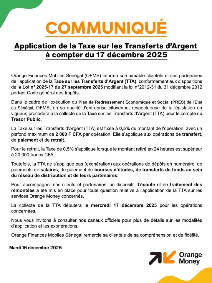 L'application de la taxe sur les transferts d'argent commence à partir du 17 Décembre 2025 .
