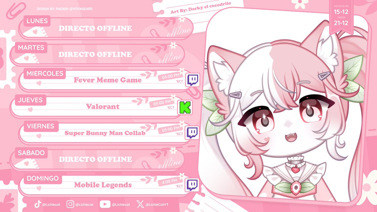 Buenas buenas mis gatit@s 💕
Comenzamos con un juego muy curioso, el viernes tenemos una collab, en kick continuaremos jugando valorant con seguidores y al final probamos con "MOBILE LEGENDS" !!! Estoy emocionada por esta semana ✨
