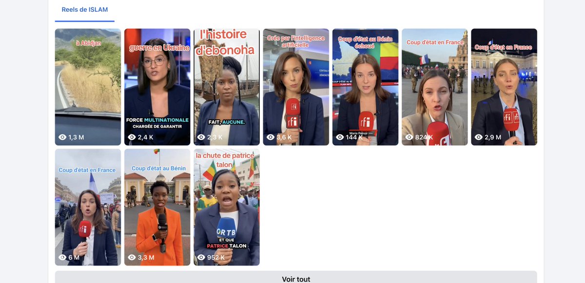 #Thread
Depuis peu circule des vidéos générées par IA où l'on voit des journalistes qui expliqueraient qu'il aurait eu un coup d'état en France. Mais d’où ça vient ?

C'est une page qui se veut clairement être une page de contenus générées par IA mais combien de gens le verront ?