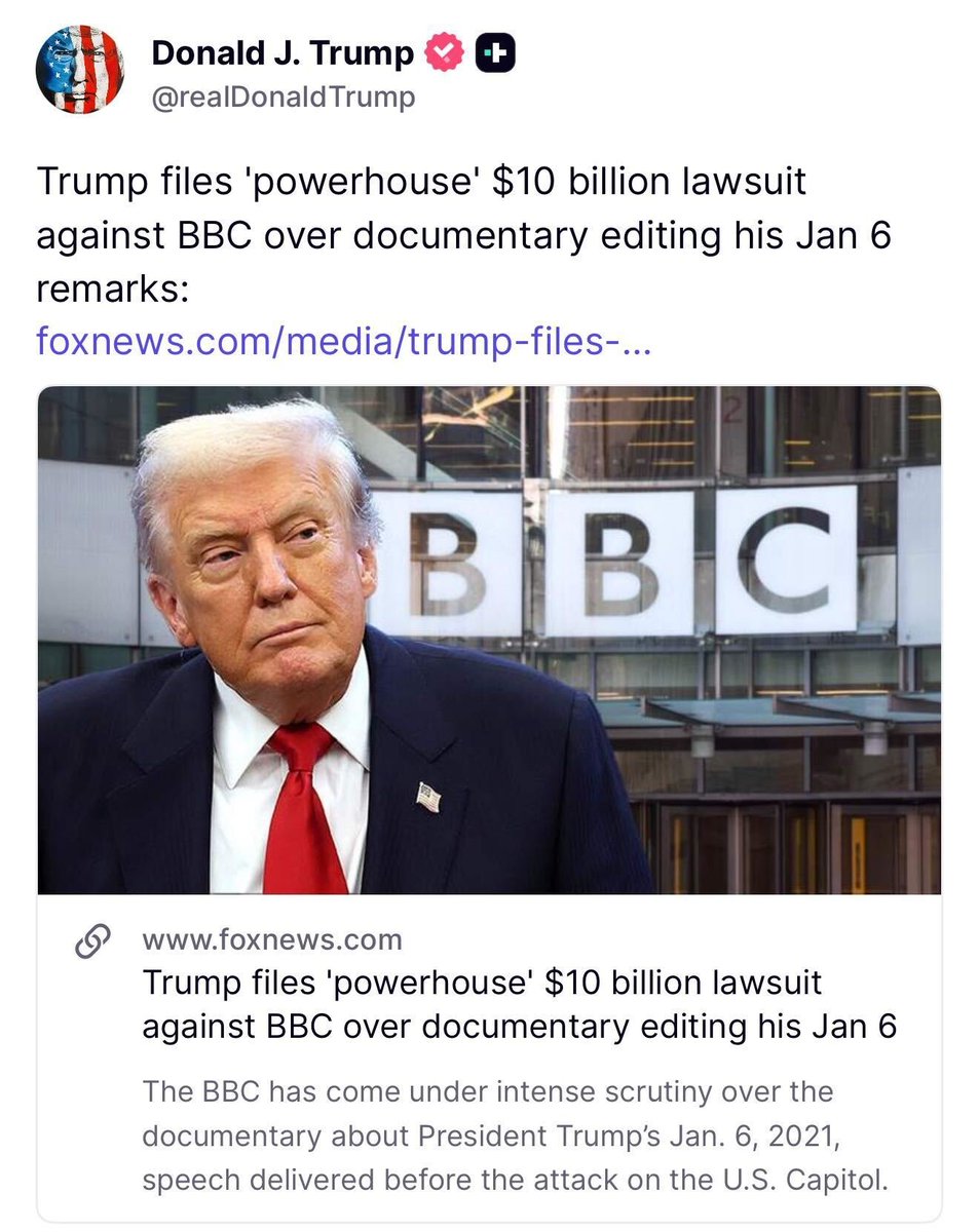 obsstaffer's tweet photo. 🔥The BBC is COOKED.

"Trump files 'powerhouse' $10 billion lawsuit against BBC over documentary editing his Jan 6 remarks" 

The British taxpayers will end up paying for Trump's ENTIRE Presidential Library in the red state of Florida. https://t.co/BBLTOnQejs