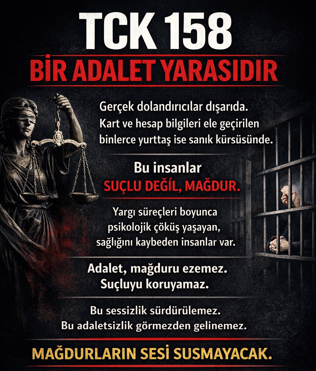 TCK 158 hâlâ kanayan bir yara. Gerçek suçlular dışarıda dolaşırken, kart ve hesap bilgilerini bilerek ya da bilmeyerek dolandırıcılara kaptıran binlerce insan ağır bir psikolojik yıkım yaşıyor. Birçoğu, yargı süreci devam ederken sağlığını kaybetti.

Bu insanlar suçlu değil,